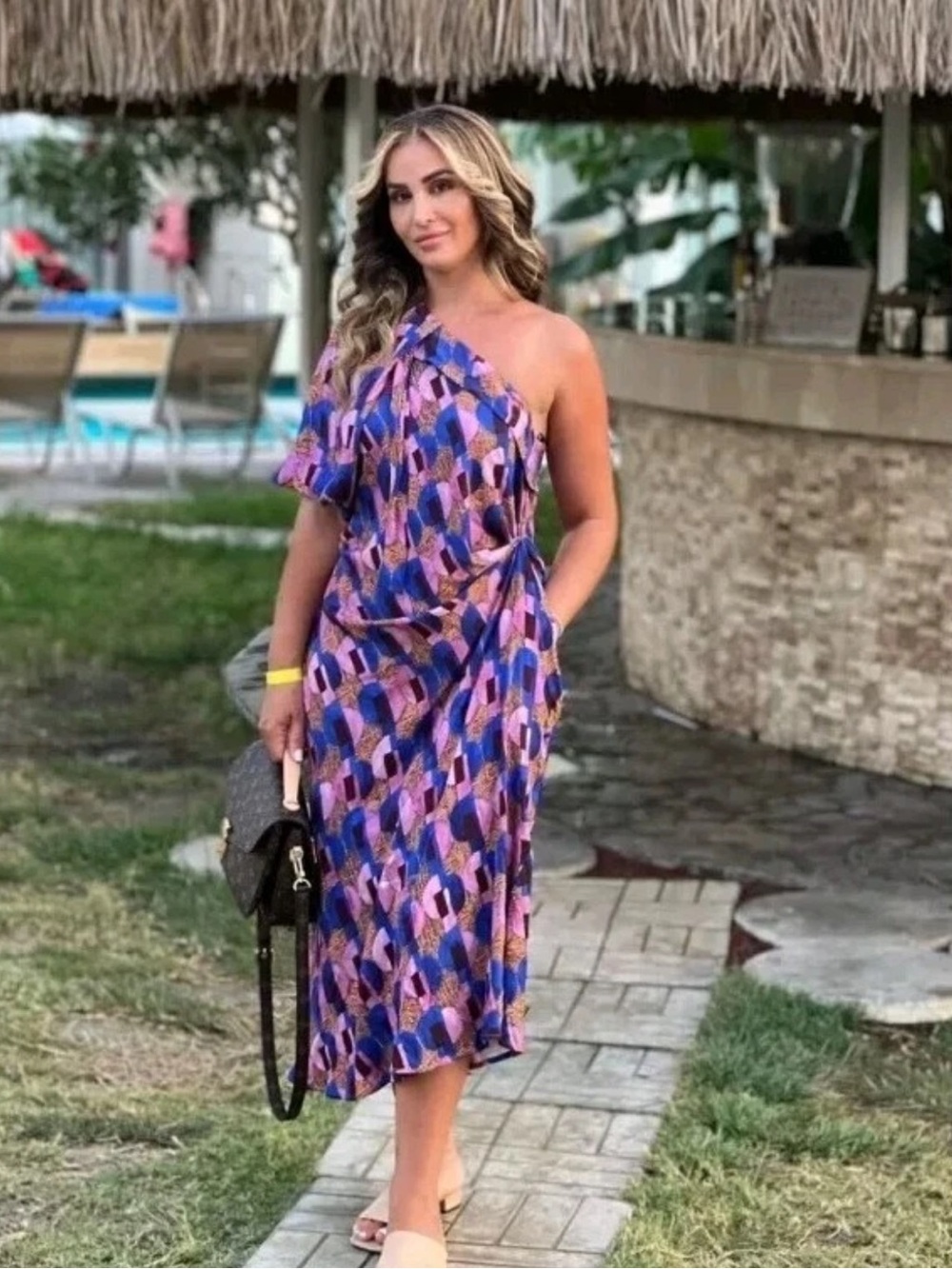 Zara Studio $129 One-Shoulder Purple Patterned Midi Dress Large